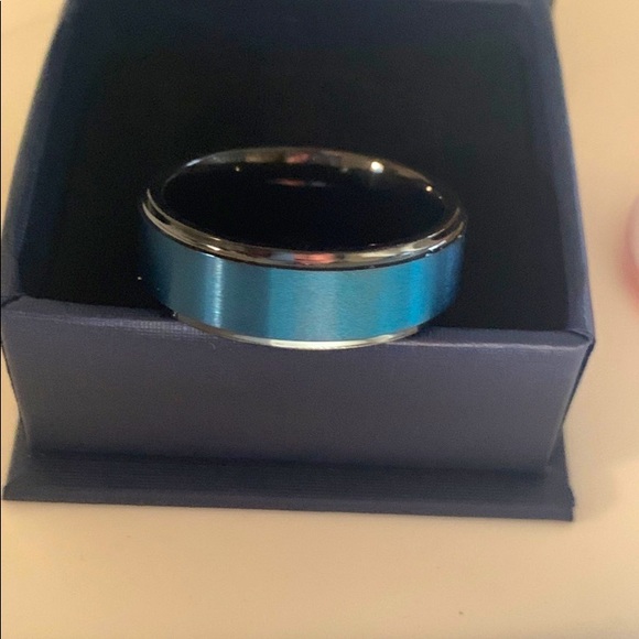 8mm Black Tungsten Carbide sea Blue Brushed center wedding Ring for Men - Picture 2 of 11